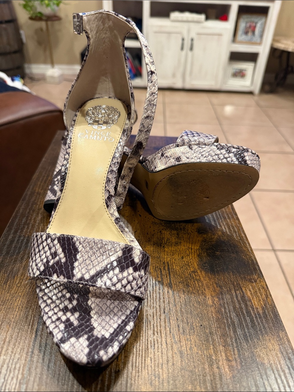 Vince Camuto Snake-Print Ankle-Strap Heels in Gray and Cream